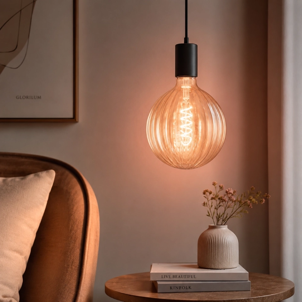 125 Ribbed Pumpkin Amber Glass LED Bulb (5) 125 Ribbed Pumpkin Amber Glass LED Bulb (5)
