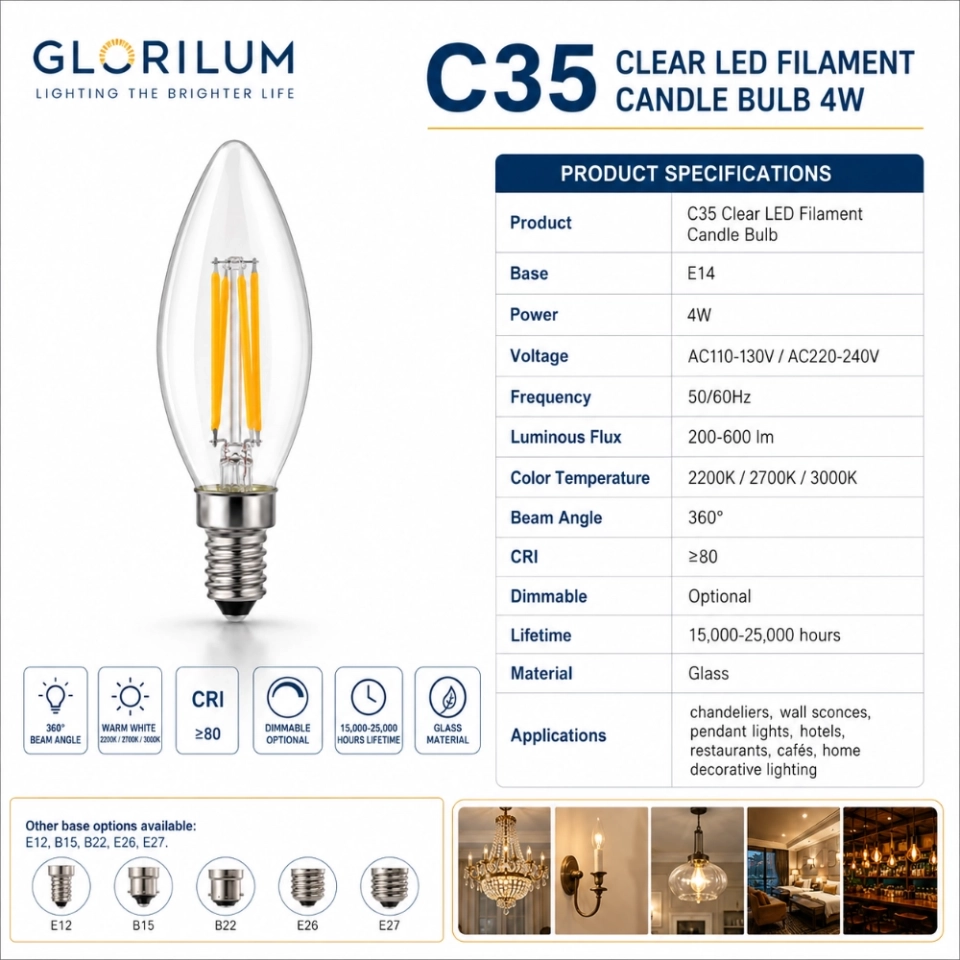 C35 Clear LED Filament Candle Bulb 4W E14 (4) C35 Clear LED Filament Candle Bulb 4W E14 (4)
