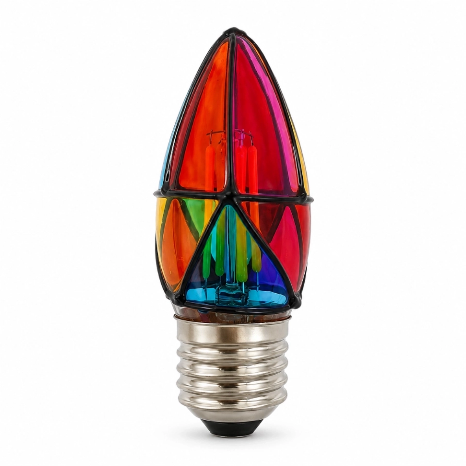C35 Hand-Painted Stained Glass LED Bulb with E27 Base – Colorful Decorative Ambient Light