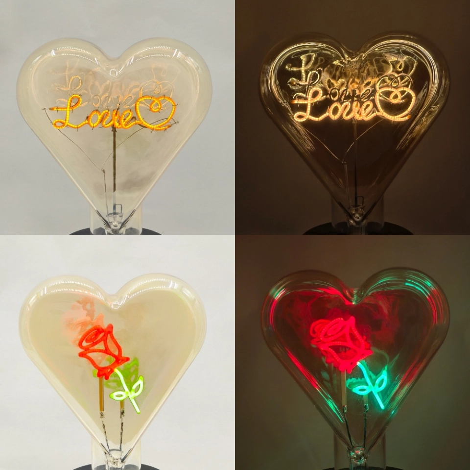 Custom Heart-Shaped Glass Decorative Light Bulb with Personalized Letter, Logo and Pattern Design for B2B Lighting Projects Custom Heart-Shaped Glass Decorative Light Bulb with Personalized Letter, Logo and Pattern Design for B2B Lighting Projects