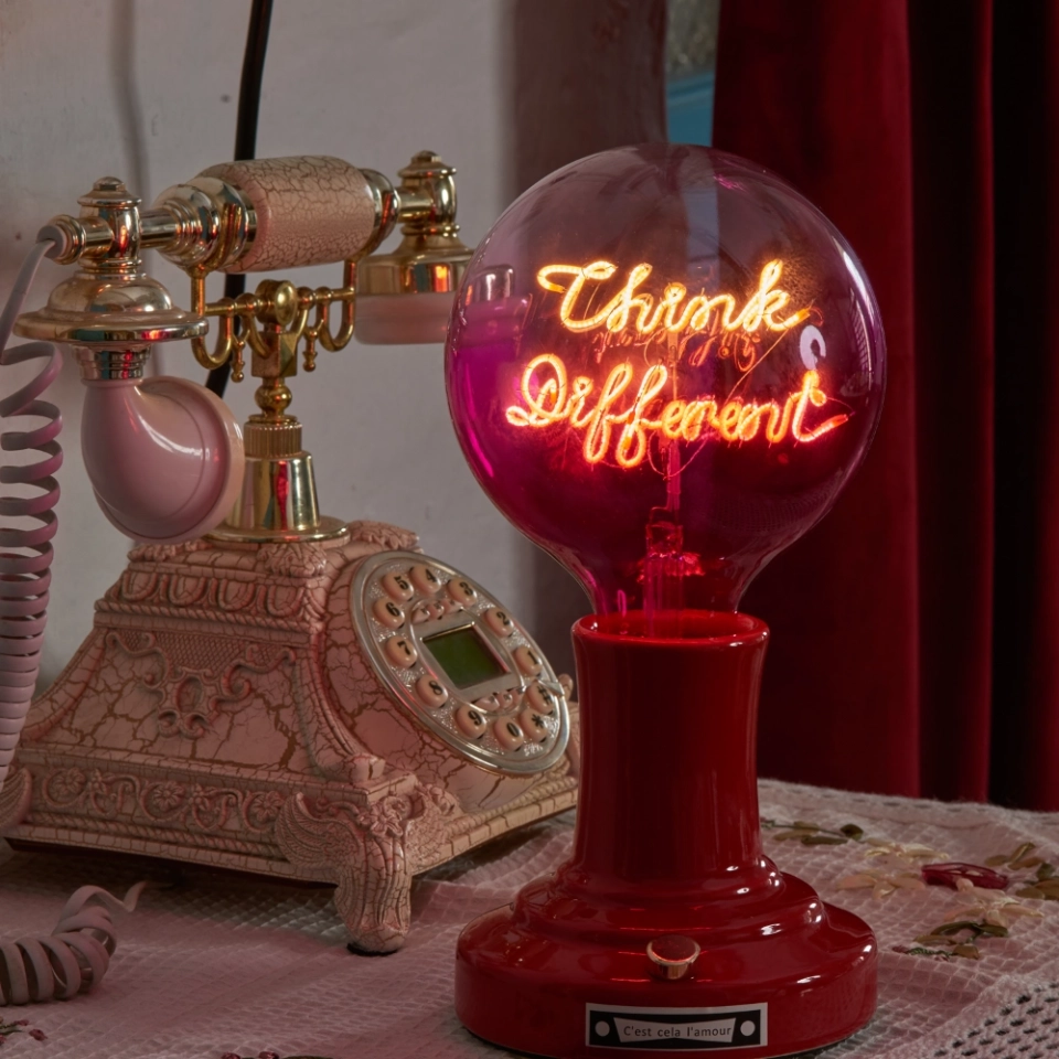 G125 Clear Top Rose Red Base Custom Letter LED Globe Bulb with Warm White Double-Line Filament (3) G125 Clear Top Rose Red Base Custom Letter LED Globe Bulb with Warm White Double-Line Filament (3)