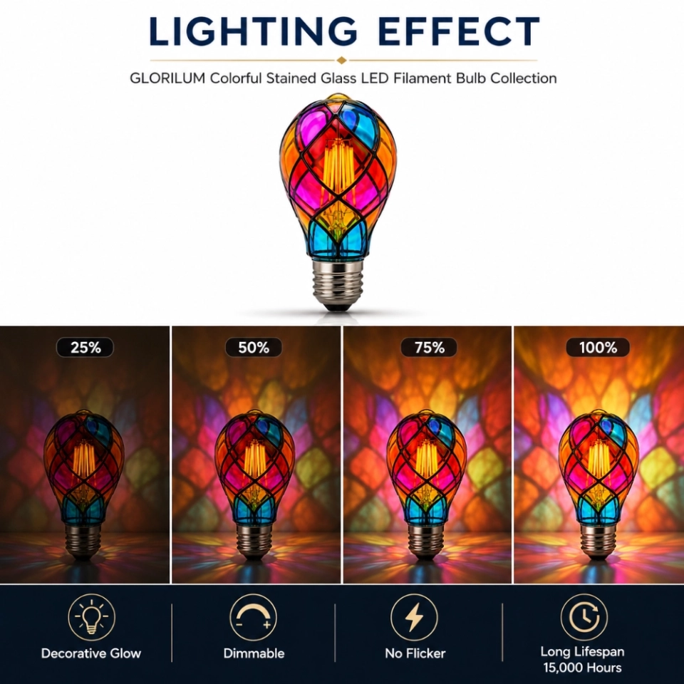 GLORILUM Colorful Stained Glass LED Filament Bulb Collection for Decorative Ambient Lighting (3) GLORILUM Colorful Stained Glass LED Filament Bulb Collection for Decorative Ambient Lighting (3)