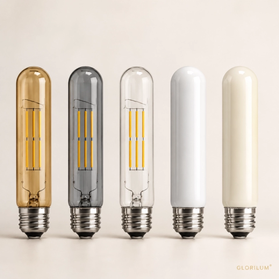GLORILUM E27 LED Filament Bulb, Vintage Edison Tubular Light Bulb with Amber, Smoke Gray, Clear, Painted White and Milk White Glass