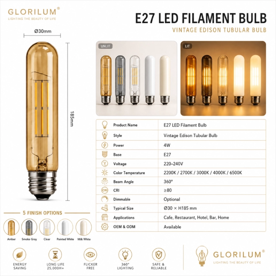 GLORILUM E27 LED Filament Bulb, Vintage Edison Tubular Light Bulb with Amber, Smoke Gray, Clear, Painted White and Milk White Glass (5)