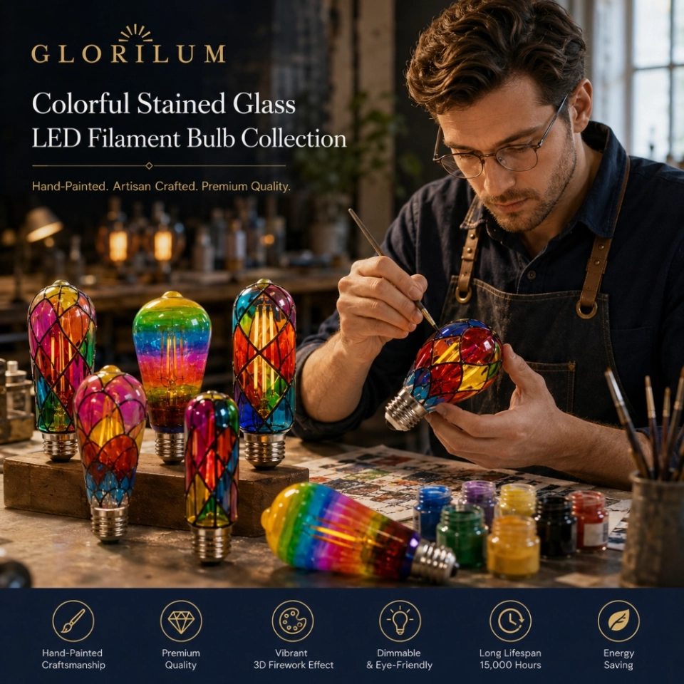 GLORILUM ST19 Colorful Stained Glass LED Filament Bulb, E27/E26 Decorative Firework Effect Bulb for Ambient Lighting (6)