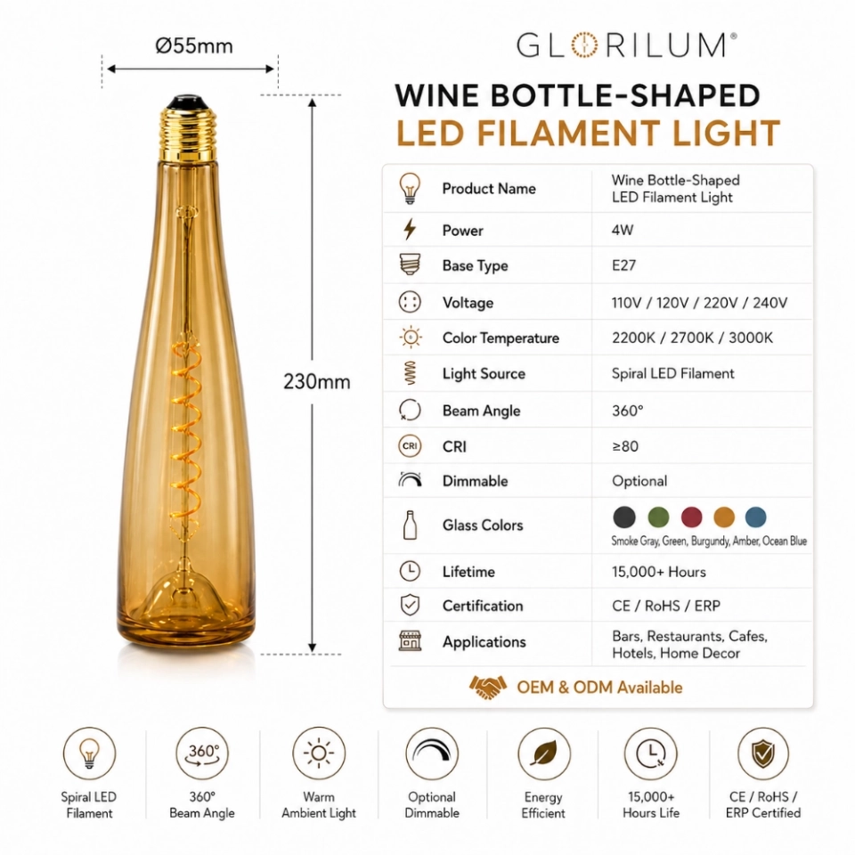 GLORILUM Wine Bottle-Shaped LED Filament Light, E27 Decorative Colored Glass Bulb for Bars, Restaurants and Hotel Lighting (5) GLORILUM Wine Bottle-Shaped LED Filament Light, E27 Decorative Colored Glass Bulb for Bars, Restaurants and Hotel Lighting (5)