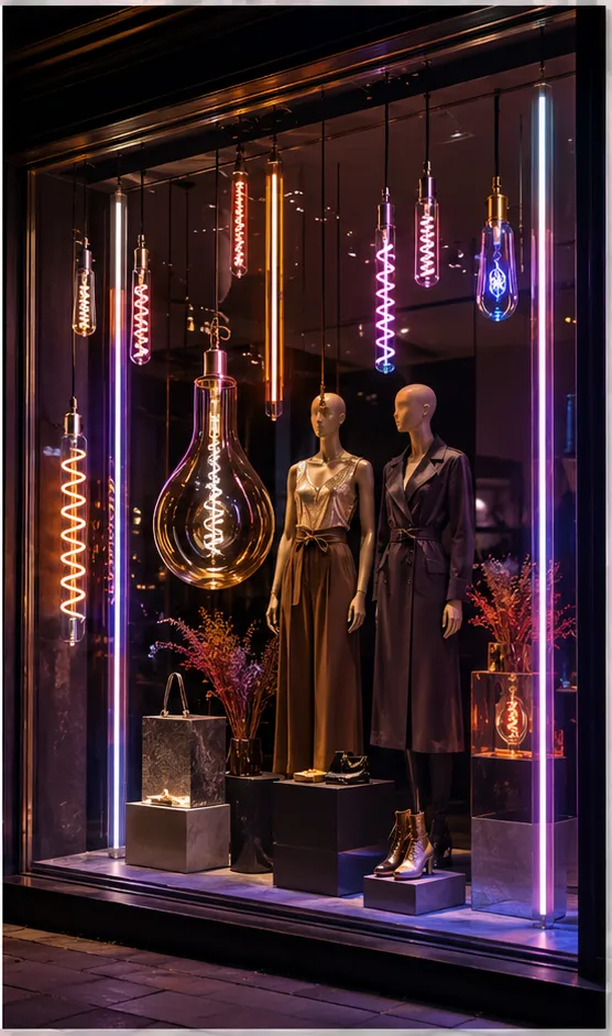 Colored filaments, T30 tube bulbs and custom glass bulbs help window displays become more eye-catching and memorable.