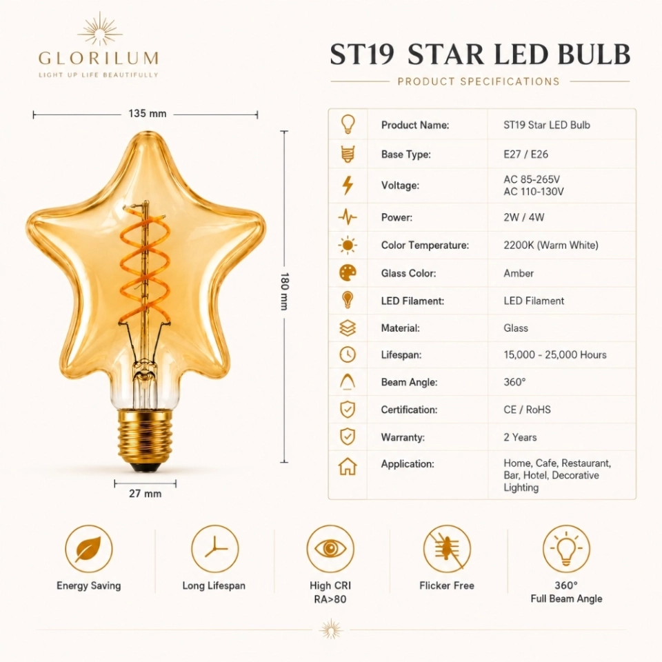 Star Shaped LED Filament Bulb E27/E26 Amber Decorative Vintage Bulb (6) Star Shaped LED Filament Bulb E27/E26 Amber Decorative Vintage Bulb (6)